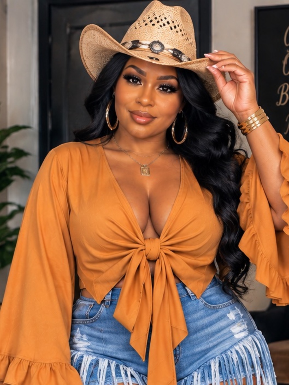 Tie-Front Bell Sleeve Crop Top - Mustard